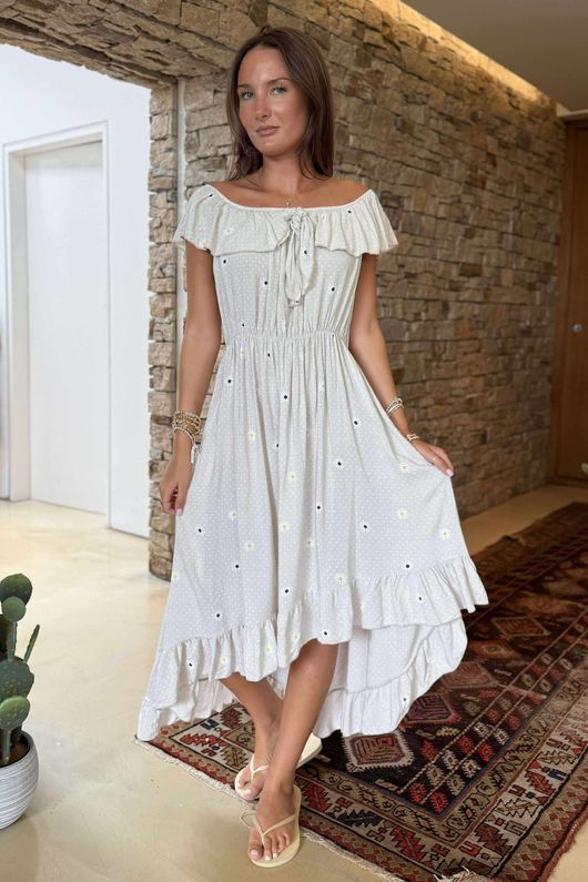 Made in Italy Forget Me Knots Bardot Shirring Dress Stone /8 =